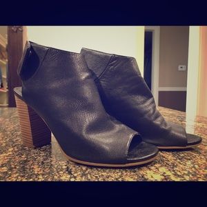 Coach & Four open-toe, black leather, block heels.